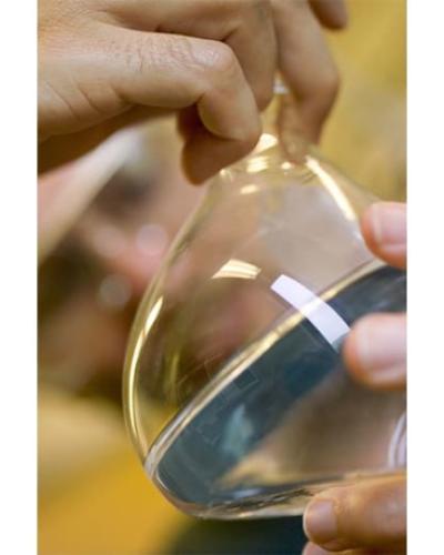 Chemistry Student looking at Flask with Chemicals